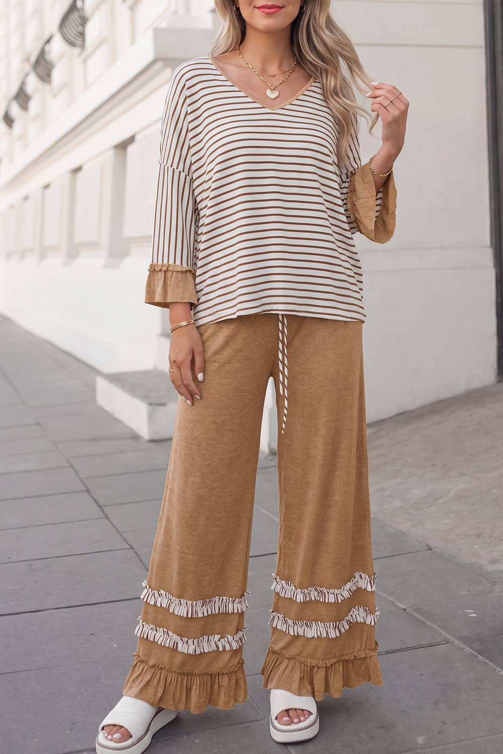 Ruffle & Stripe Wide Leg Pant Set