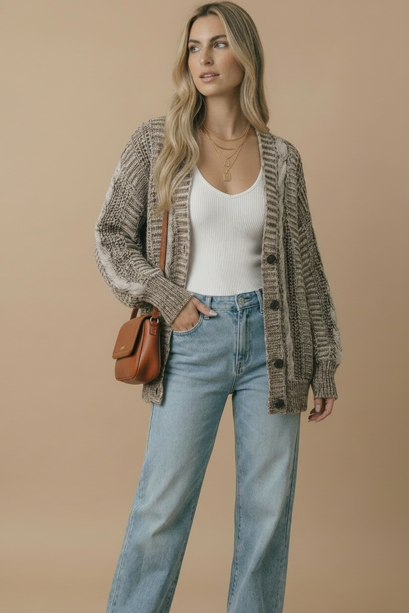 Two-Tone Chunky Cable Knit Button-Down Cardigan