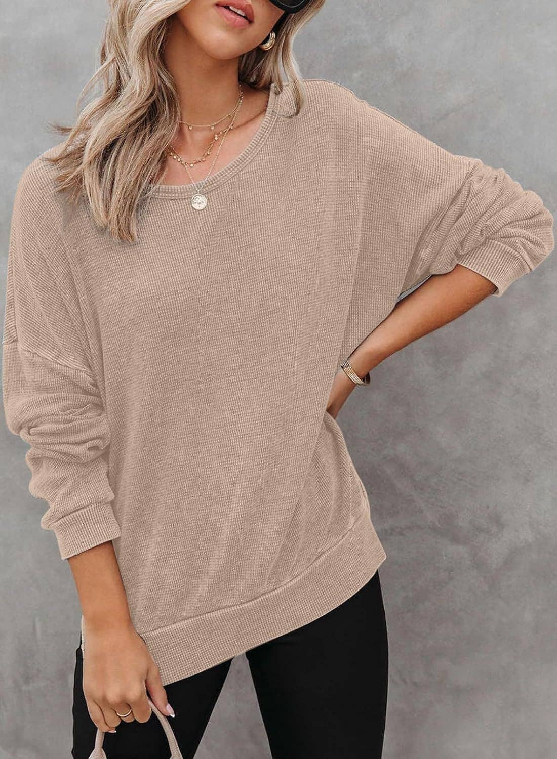 Solid Waffle Top Casual Oversized Drop Shoulder Pullover