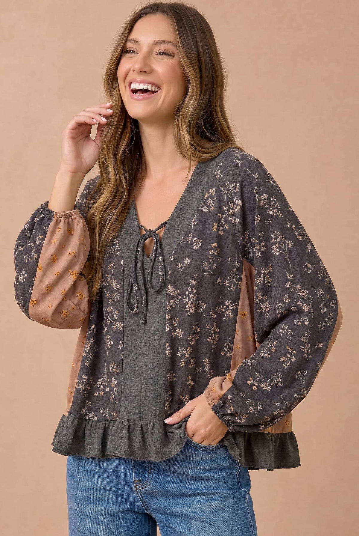 Floral Color Block Babydoll Peplum Top – Charcoal