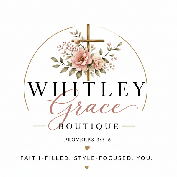 Logo for Whitley Grace Boutique with floral design and cross on a transparent background