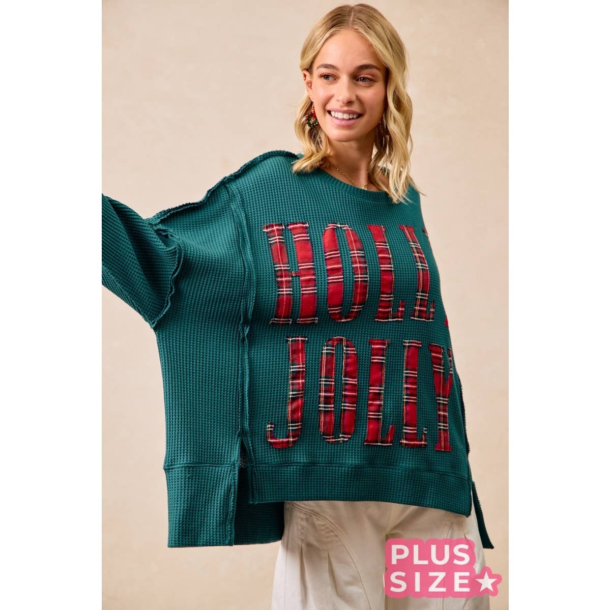 Holly Jolly Plaid Oversized Waffle Knit Christmas Sweatshirt