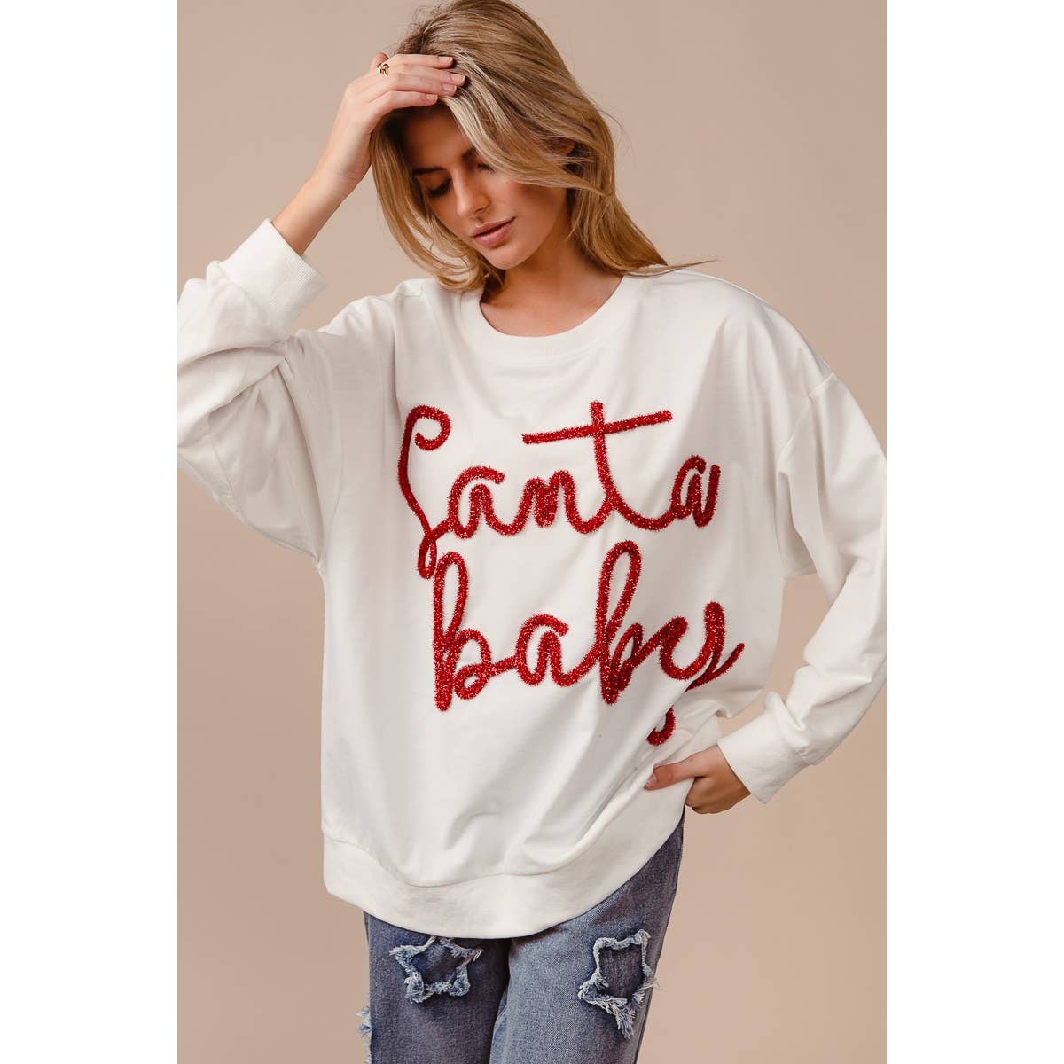 Santa Baby Tinsel Lettering Oversized Christmas Sweatshirt
