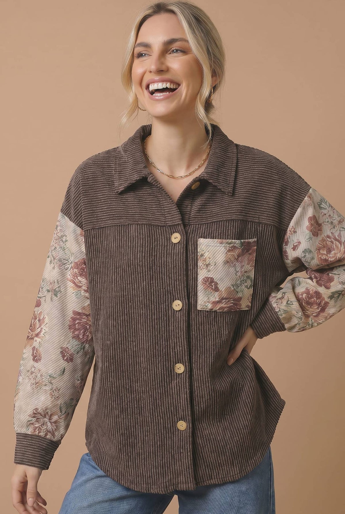 Vintage Floral Color Block Ribbed Button-Down Shacket