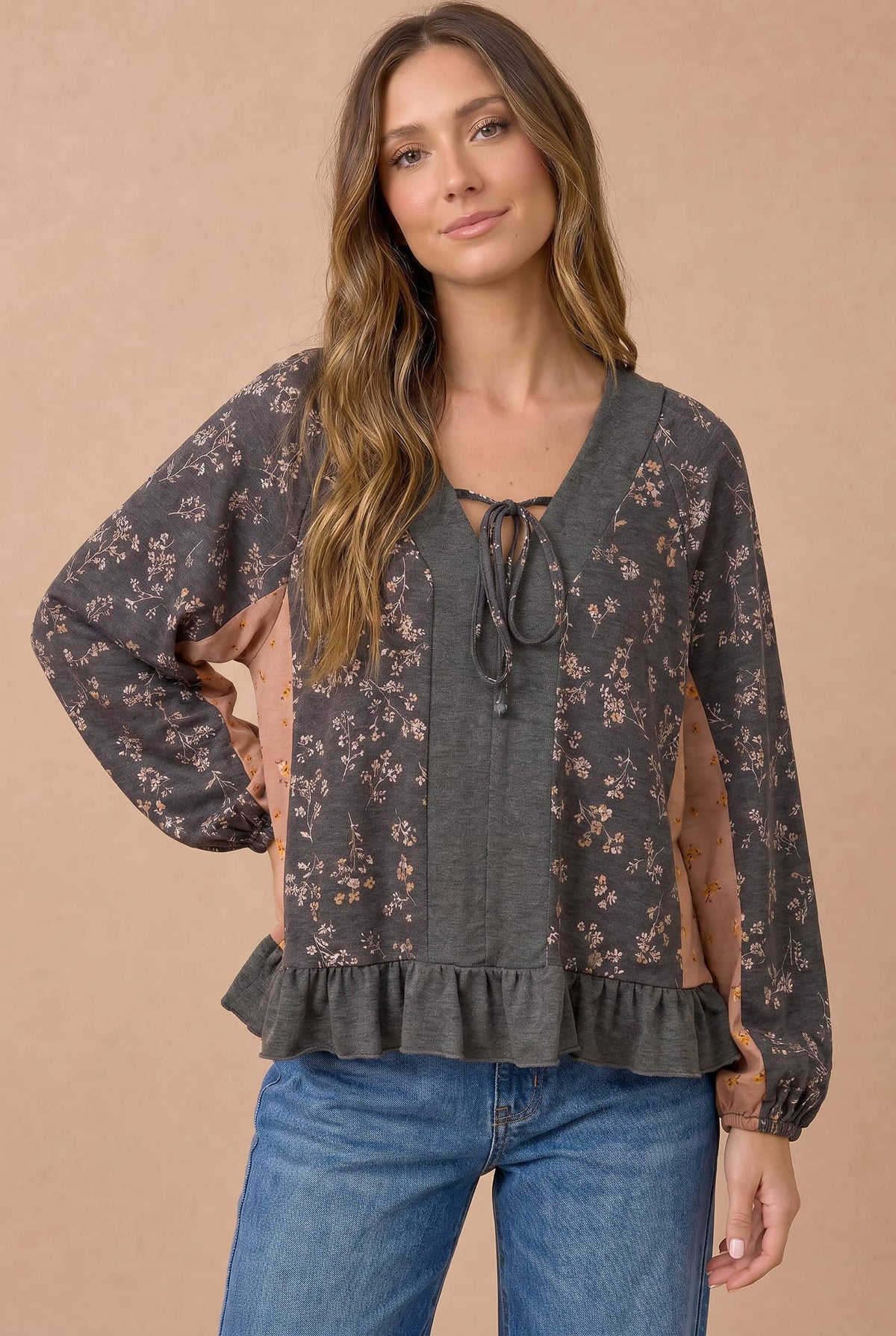 Floral Color Block Babydoll Peplum Top – Charcoal