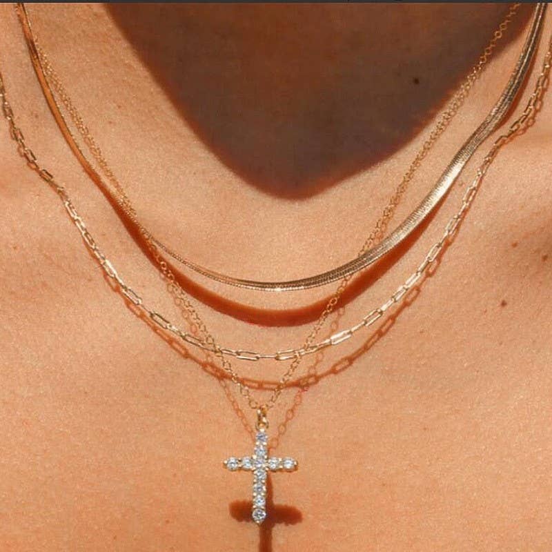 Gold Stainless Steel Layered Rhinestone Cross Necklace