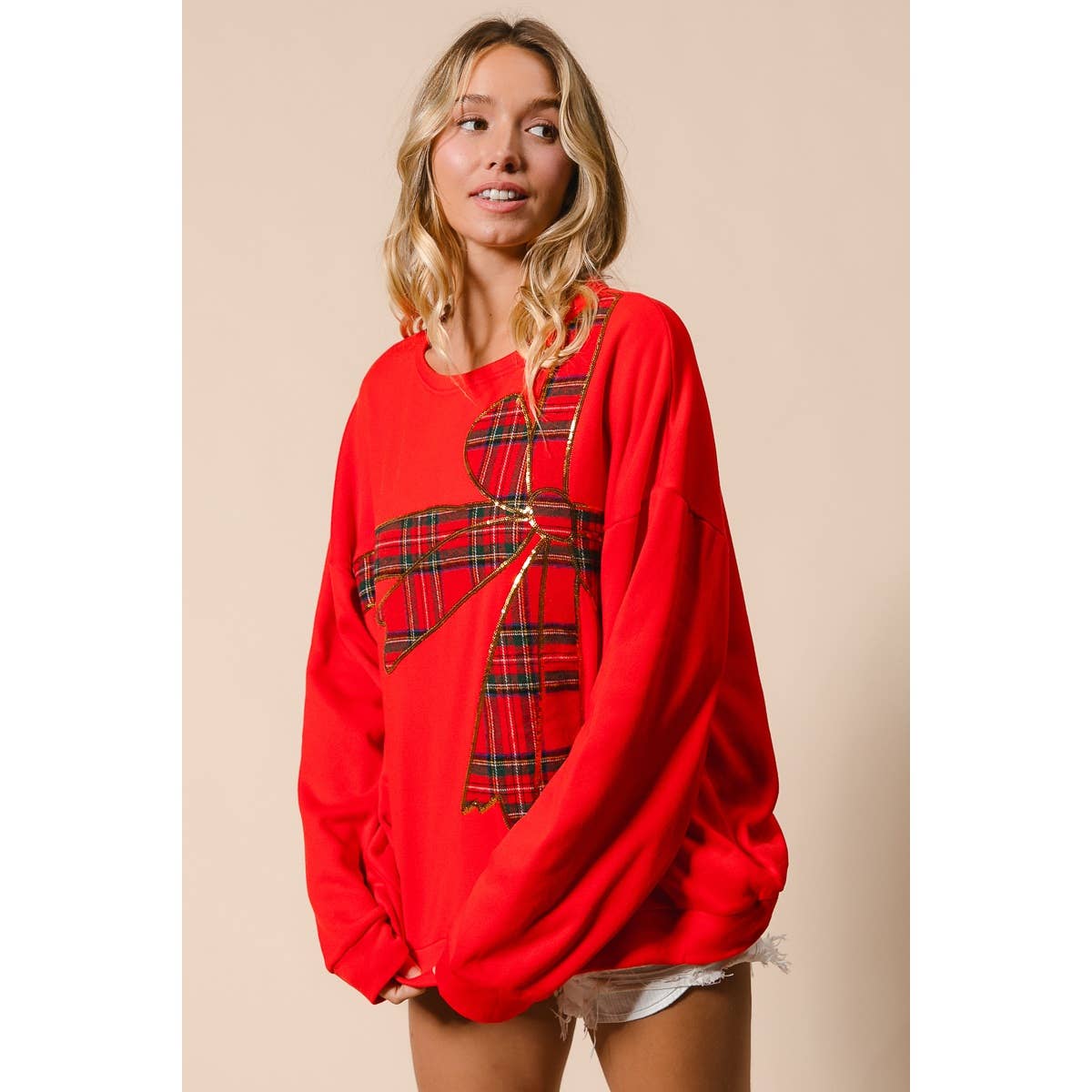 Christmas Plaid Bow Oversized Fleece Sweatshirt