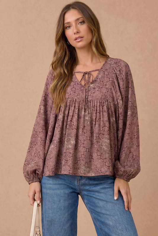 Mauve Floral Boho Peasant Blouse