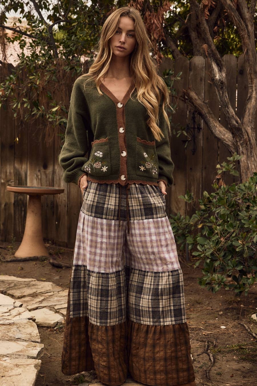 Boho Plaid Patchwork Maxi Skirt Pants – Flowy Wide Leg