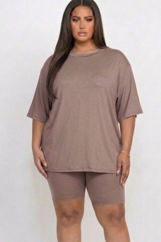 Plus Size Biker Shorts Set – Oversized Top & High Waisted Shorts Lounge Set