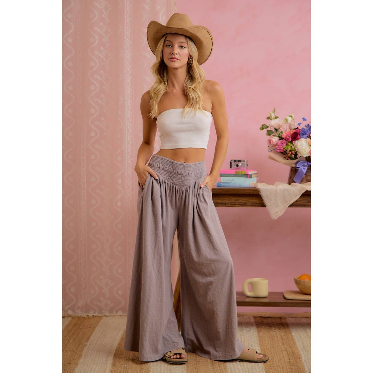 Mocha Smocked Waist Wide Leg Pants – Flowy & Relaxed Fit