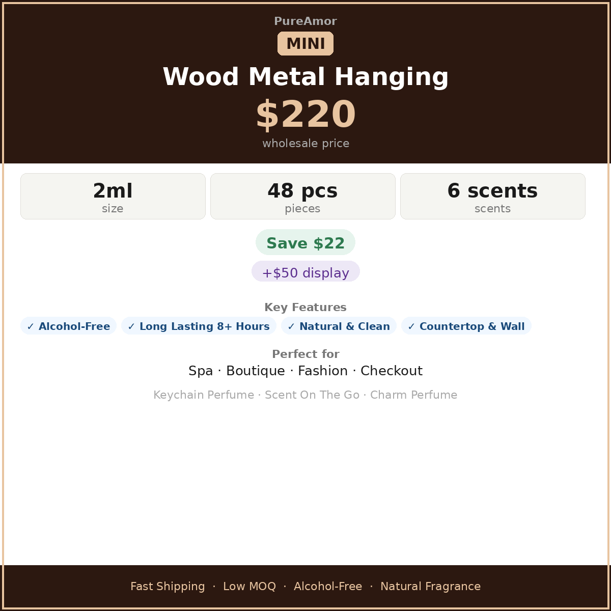 Mini Keychain Perfume Wood Metal Hanging - 6 Scents | 2ml×48