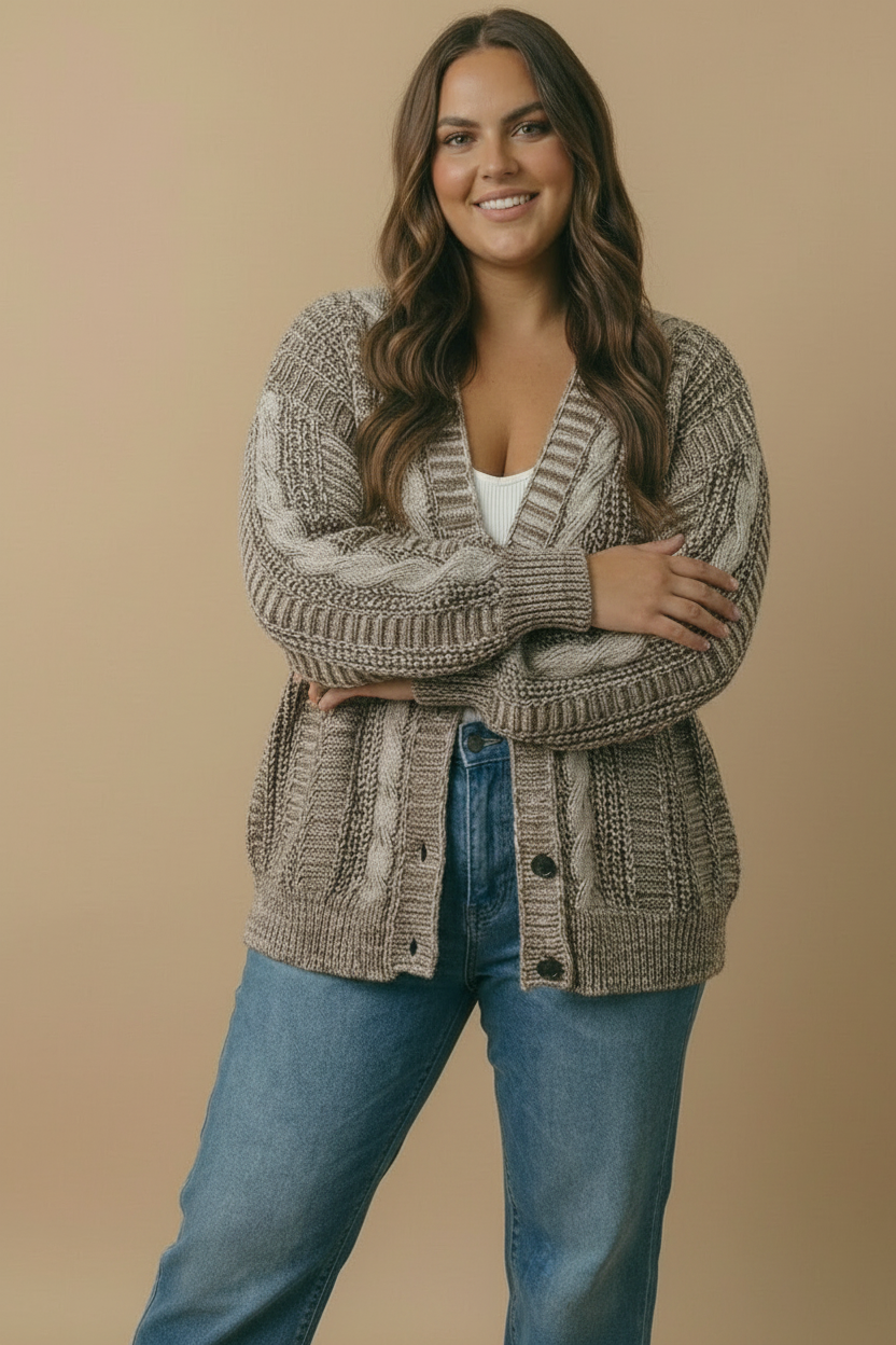 Two-Tone Chunky Cable Knit Button-Down Cardigan