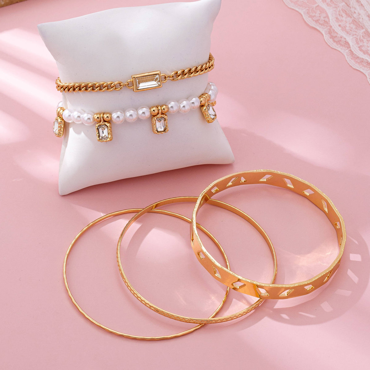 Golden Glow Pearl & Crystal Bracelet Stack