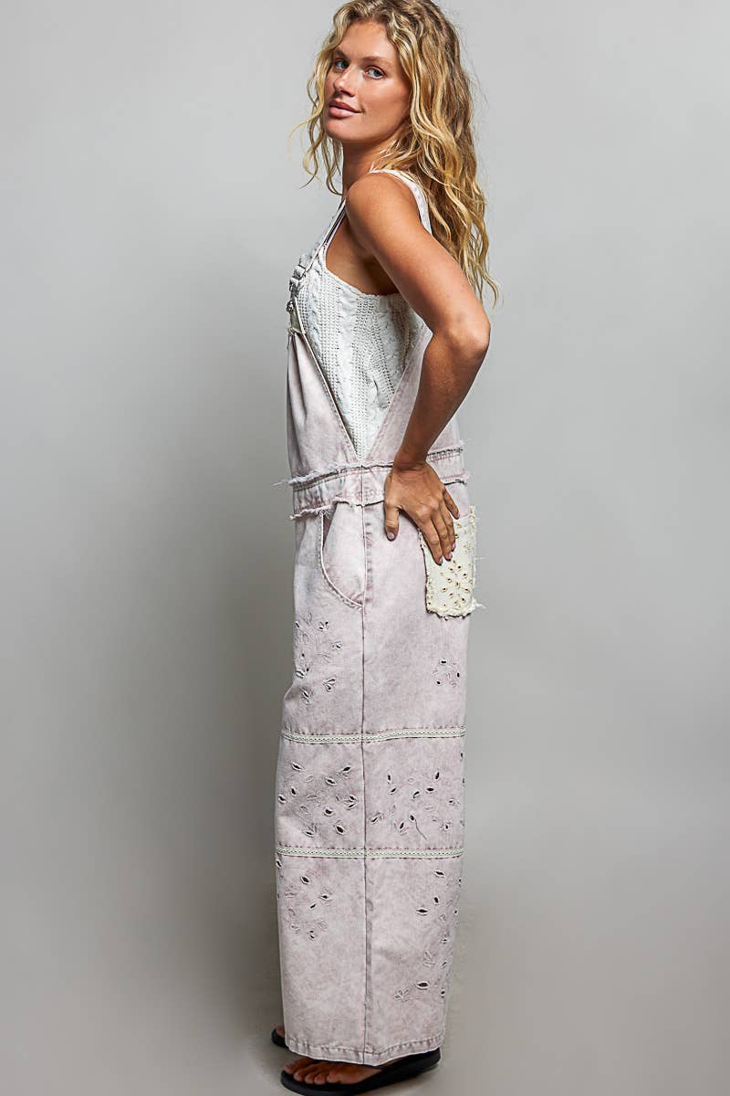 Laser-Cut Trim Accent Twill Denim Wide Leg Overalls