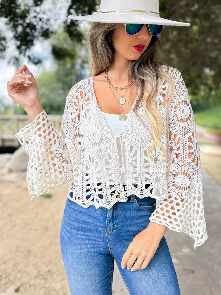 Ivory Floral Open Front Long Sleeve Crochet Cardigan