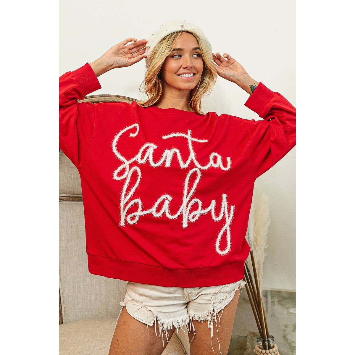 Santa Baby Tinsel Lettering Oversized Christmas Sweatshirt