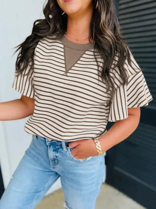 Parchment Striped Ruffle Sleeve Top