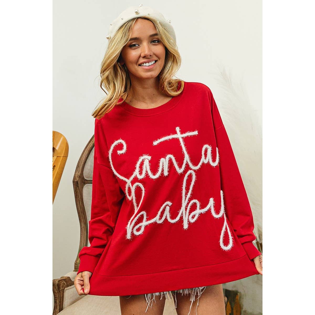 Santa Baby Tinsel Lettering Oversized Christmas Sweatshirt
