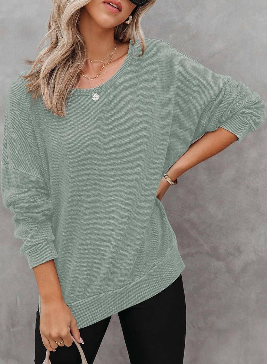 Solid Waffle Top Casual Oversized Drop Shoulder Pullover