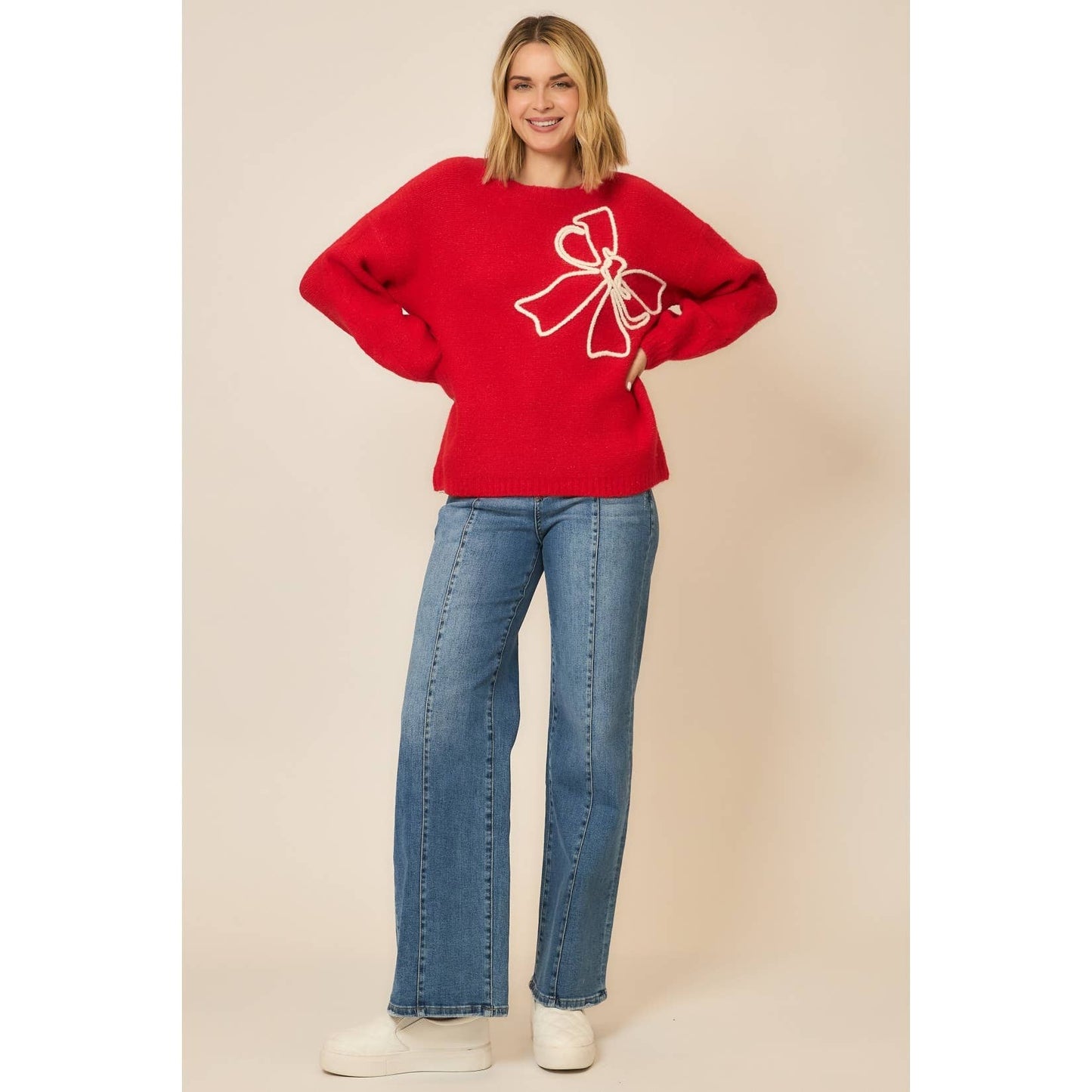 Soft Brushed Embroidered Bow Knit Sweater
