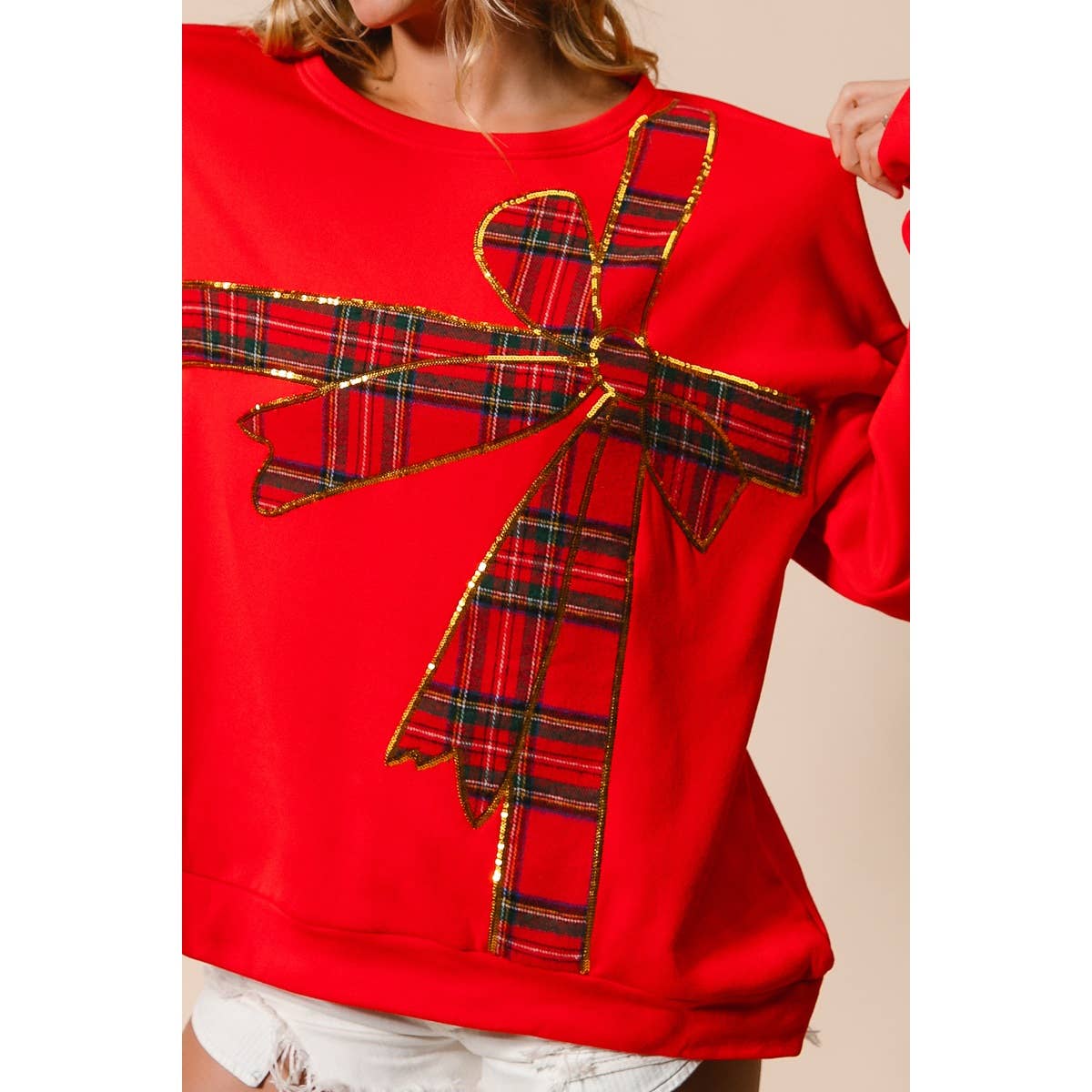 Christmas Plaid Bow Oversized Fleece Sweatshirt