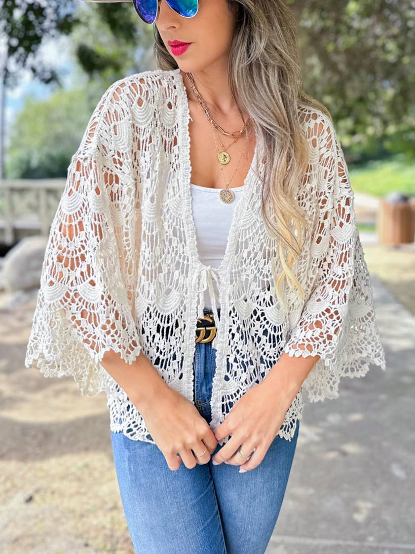 Boho Scallop Pattern Open Front Crochet Cardigan