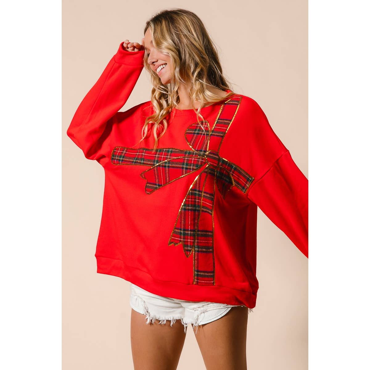 Christmas Plaid Bow Oversized Fleece Sweatshirt
