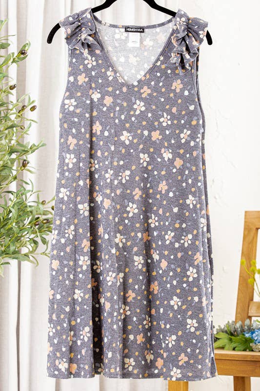 SD1289-15 FLORAL DRESS WITH SIDE POCKET AND RUFFLED