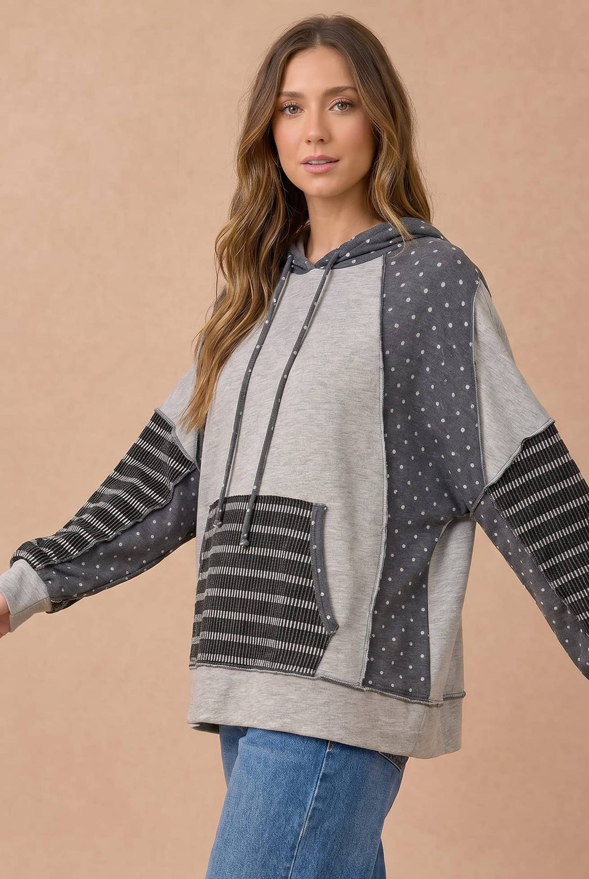 Polka Dot Patchwork French Terry Hoodie