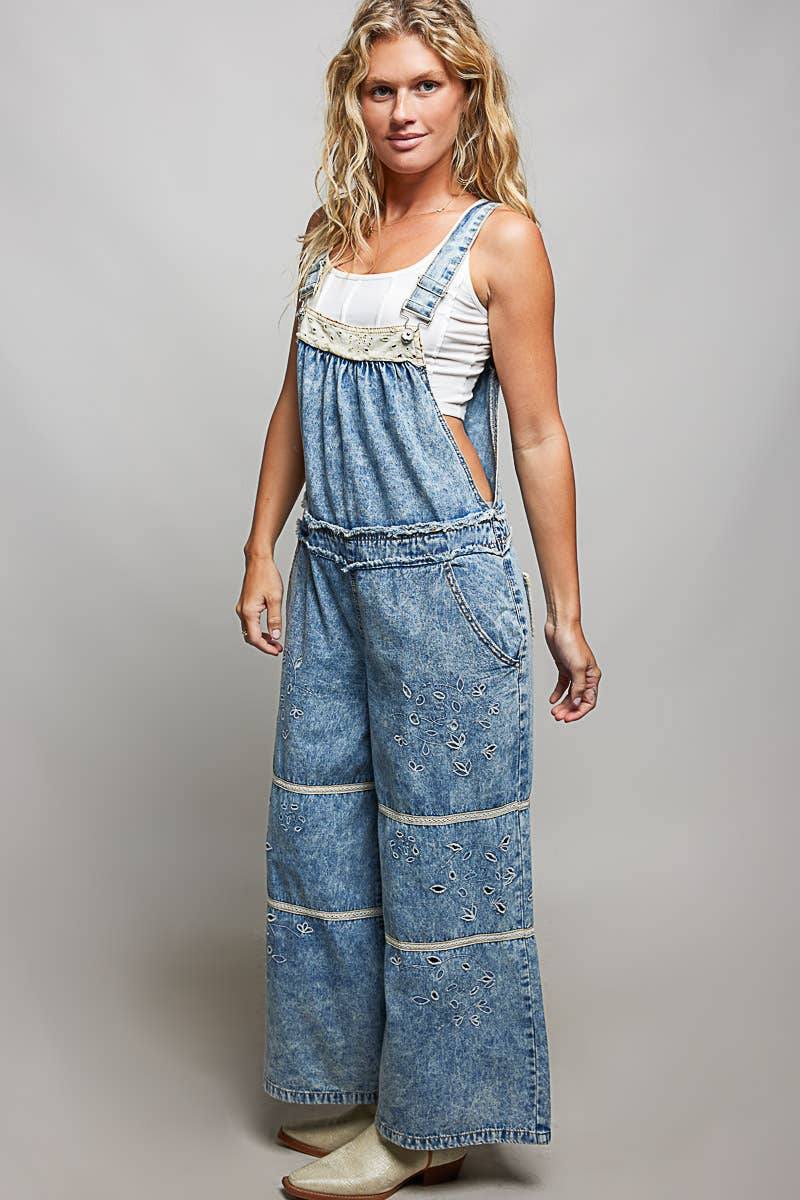 Laser-Cut Trim Accent Twill Denim Wide Leg Overalls