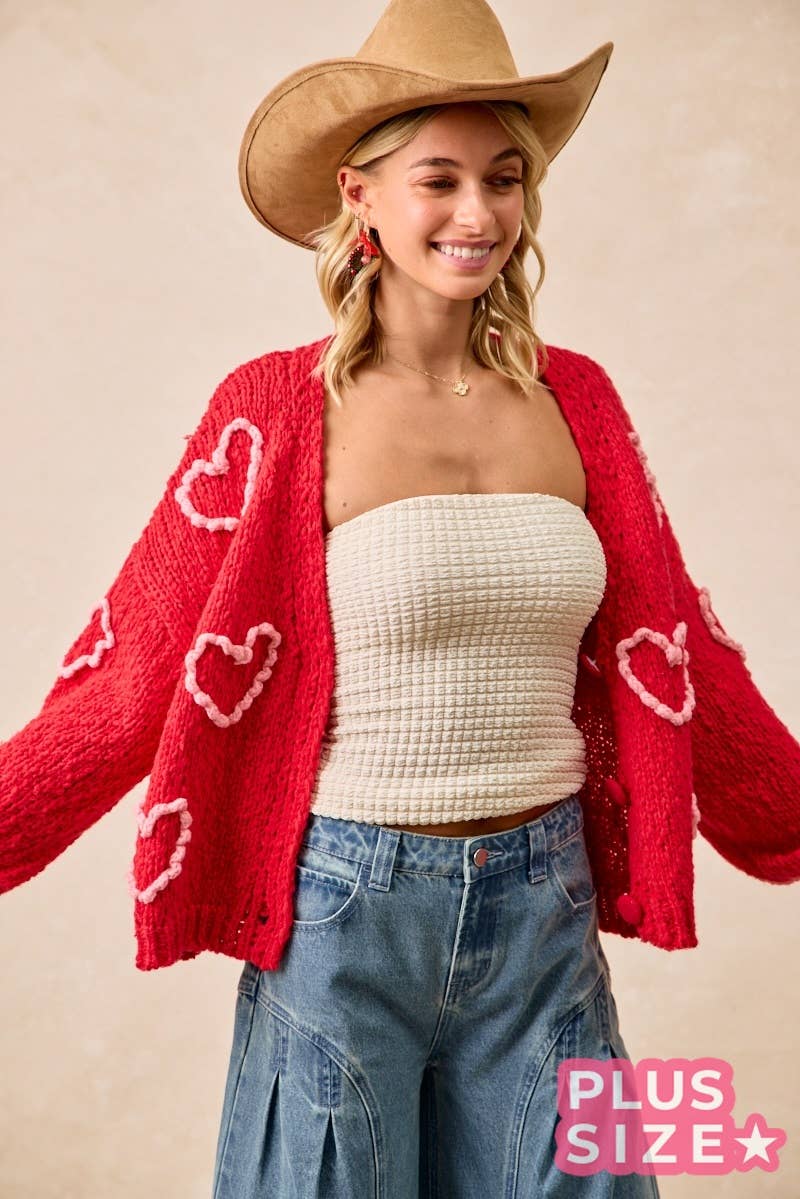 Heart Print Pom Pom Knit Cardigan