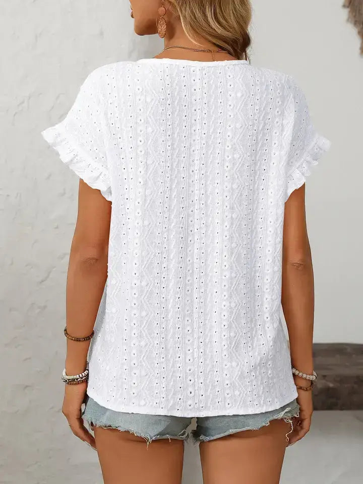 Light Blue Hollow-Out Crewneck Short Sleeve Summer Top