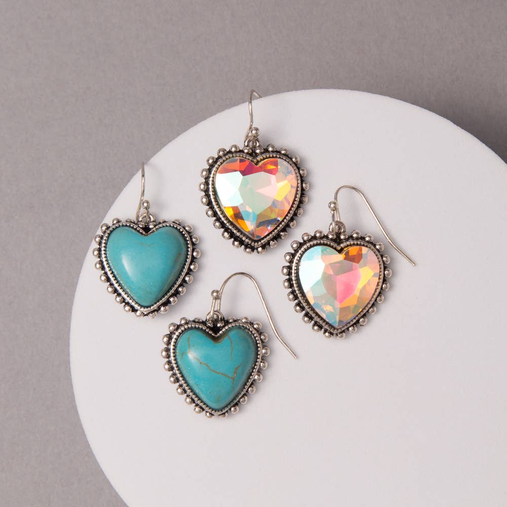 Western Concho Heart Earrings – Turquoise or Crystal Silver Dangle Earrings