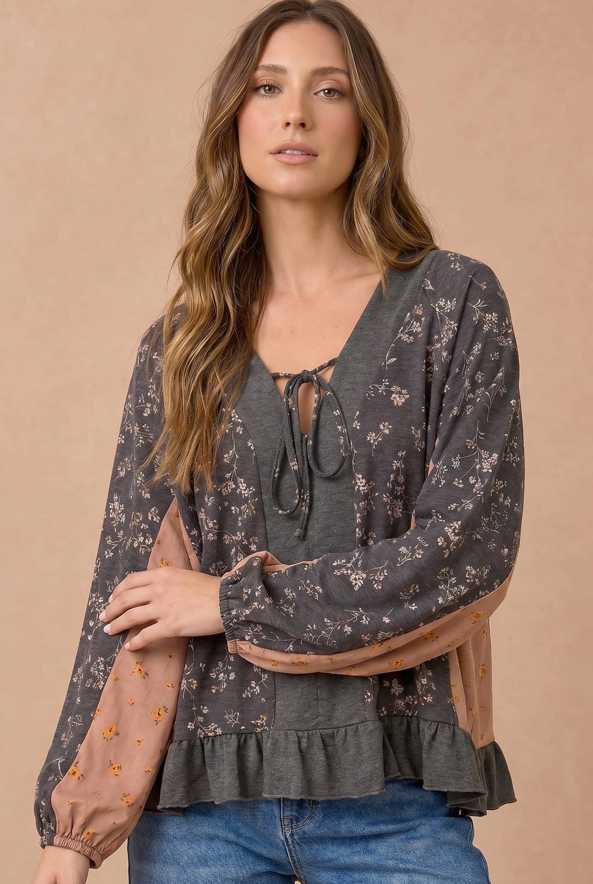Floral Color Block Babydoll Peplum Top – Charcoal