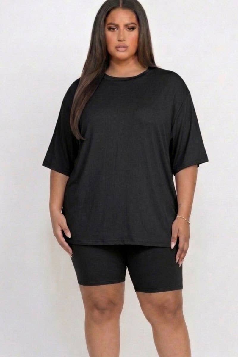 Plus Size Biker Shorts Set – Oversized Top & High Waisted Shorts Lounge Set