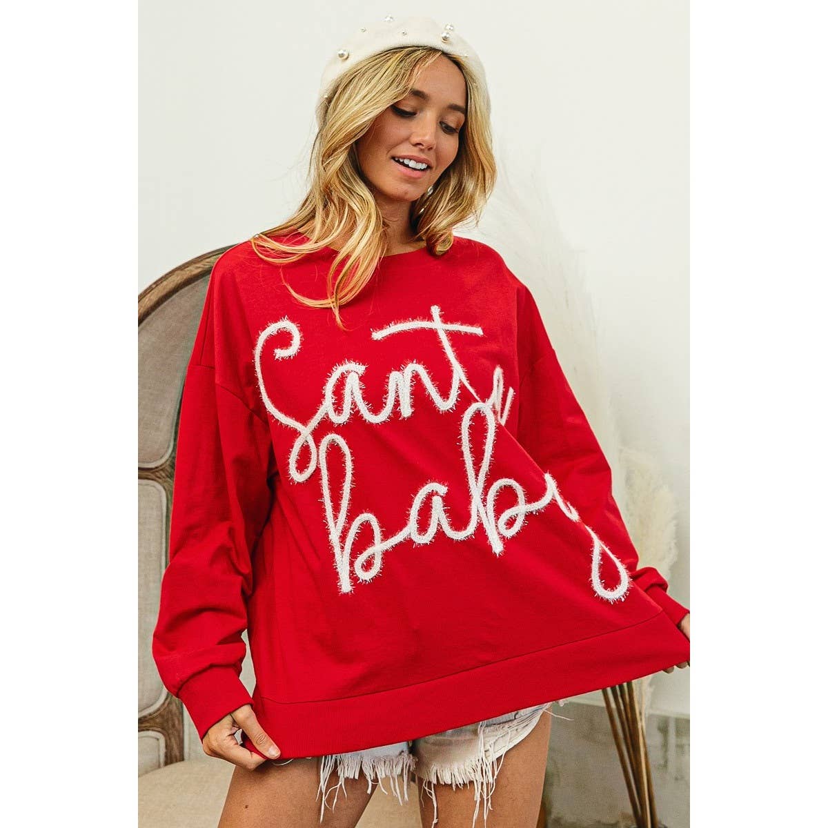 Santa Baby Tinsel Lettering Oversized Christmas Sweatshirt