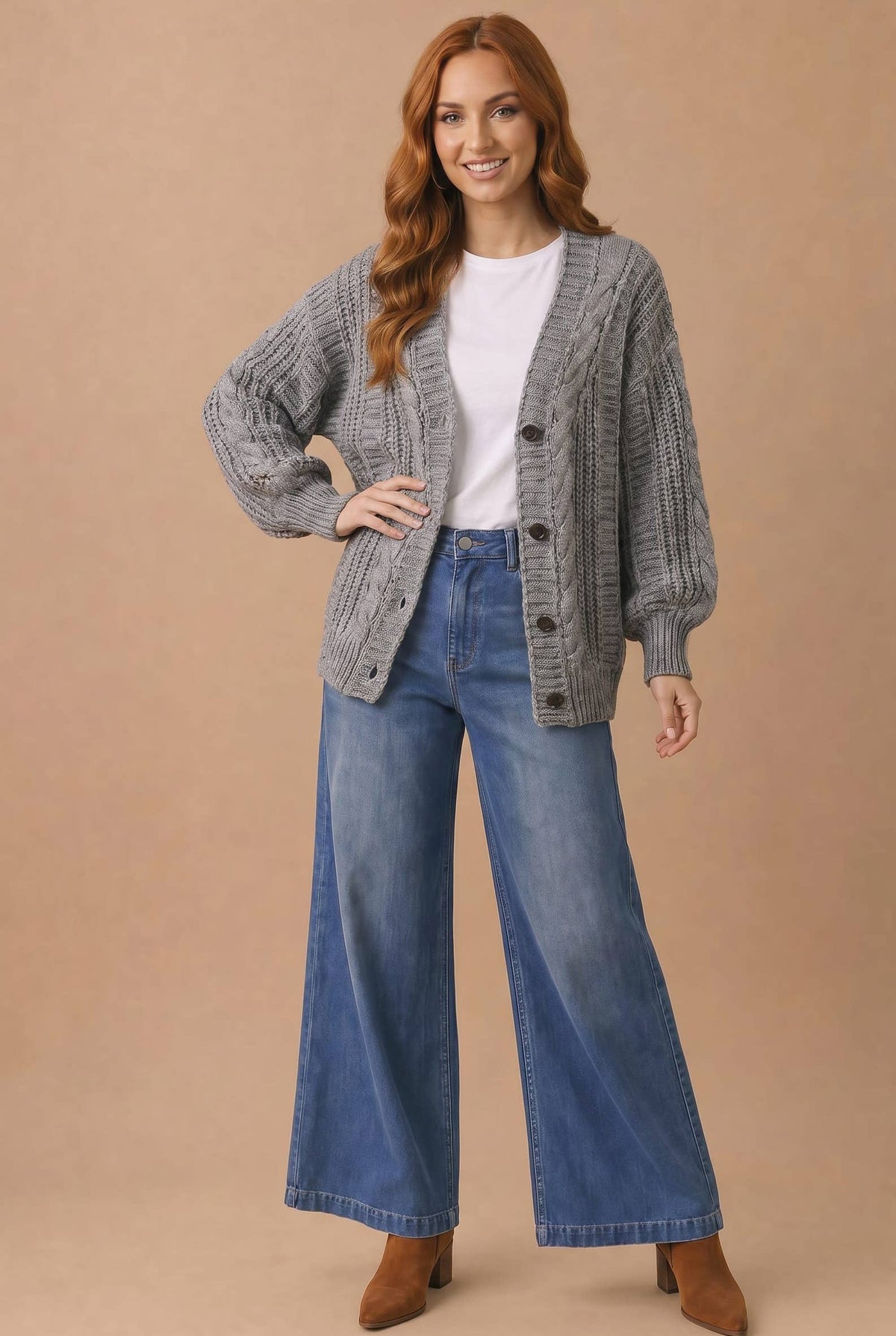 Two-Tone Chunky Cable Knit Button-Down Cardigan