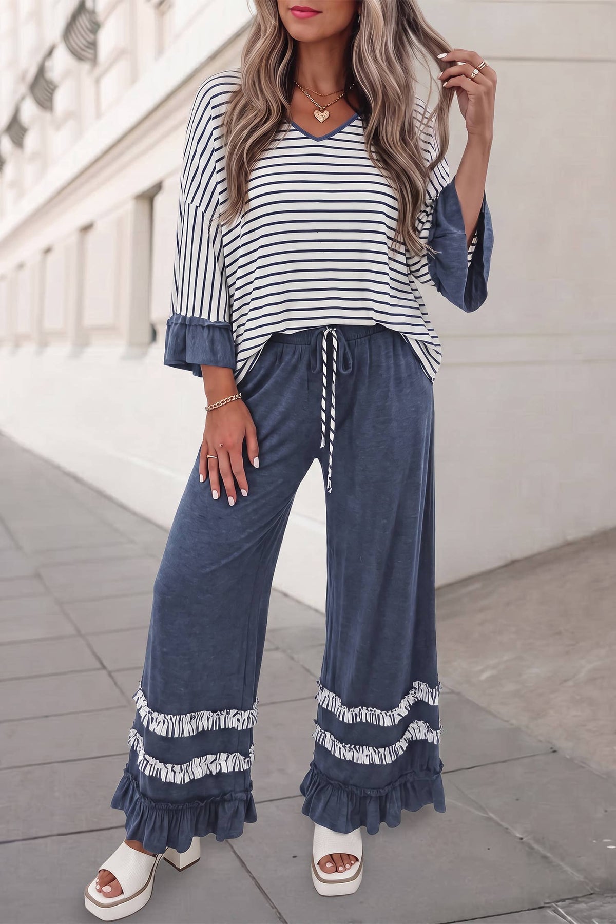 Ruffle & Stripe Wide Leg Pant Set