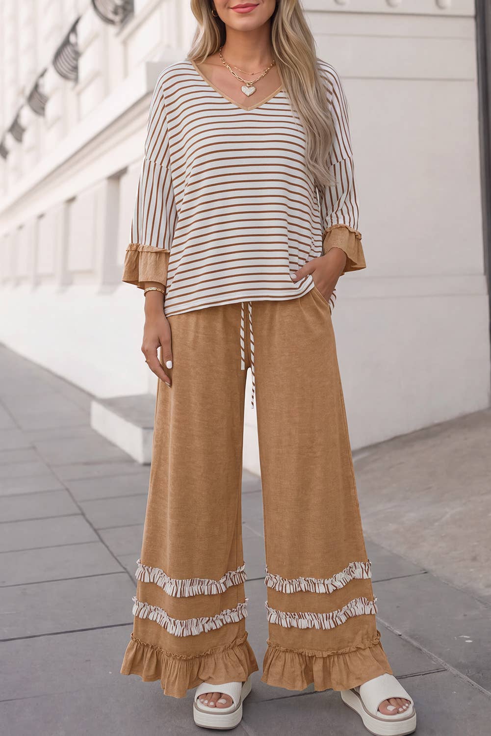 Ruffle & Stripe Wide Leg Pant Set