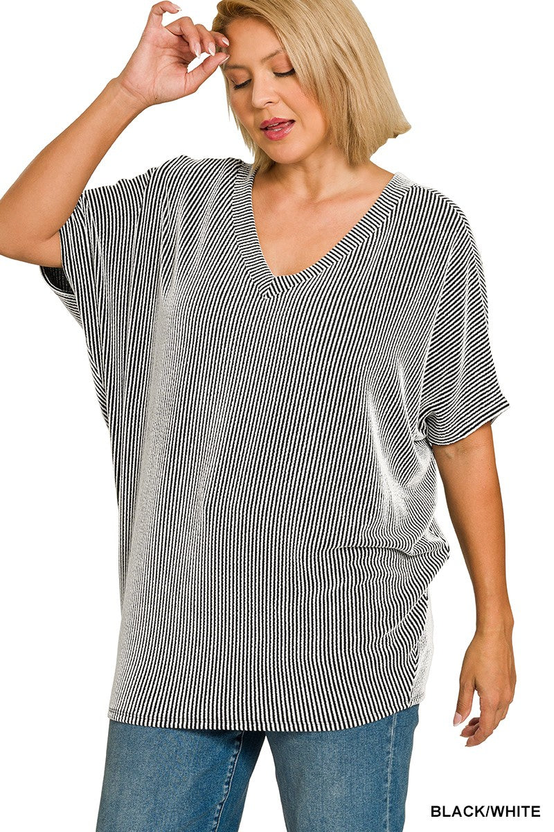 Raised Rib V-Neck Batwing Top