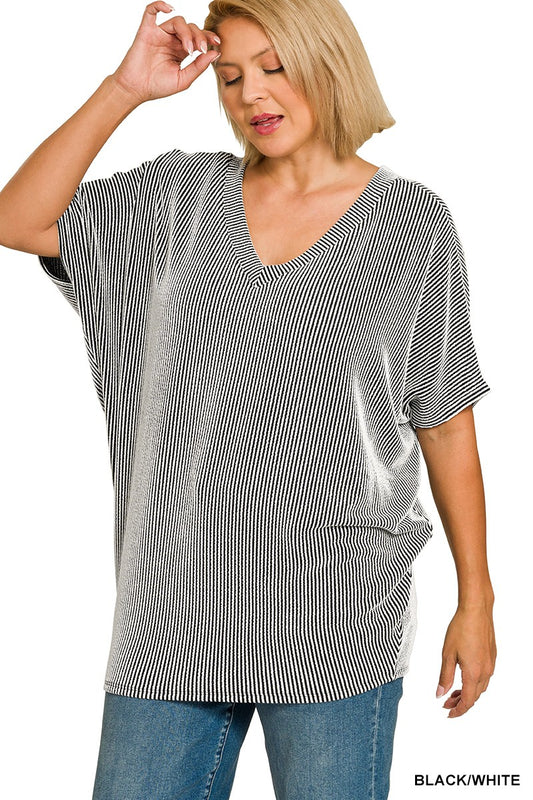 Raised Rib V-Neck Batwing Top