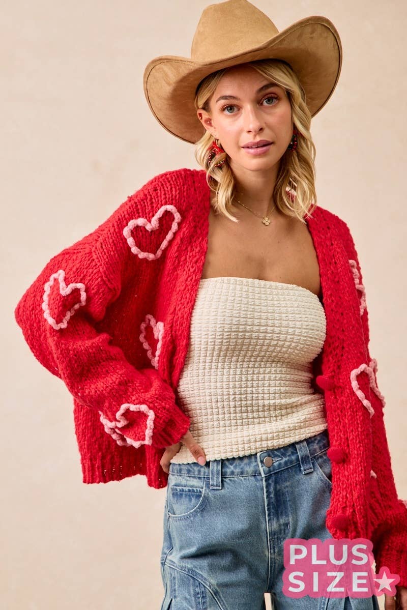 Heart Print Pom Pom Knit Cardigan