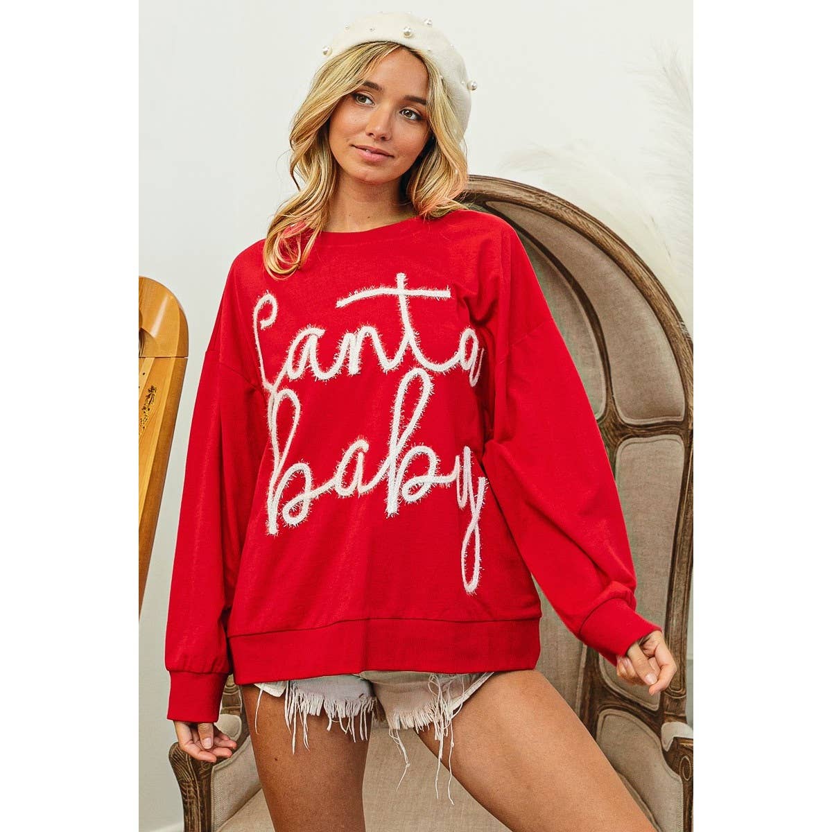 Santa Baby Tinsel Lettering Oversized Christmas Sweatshirt