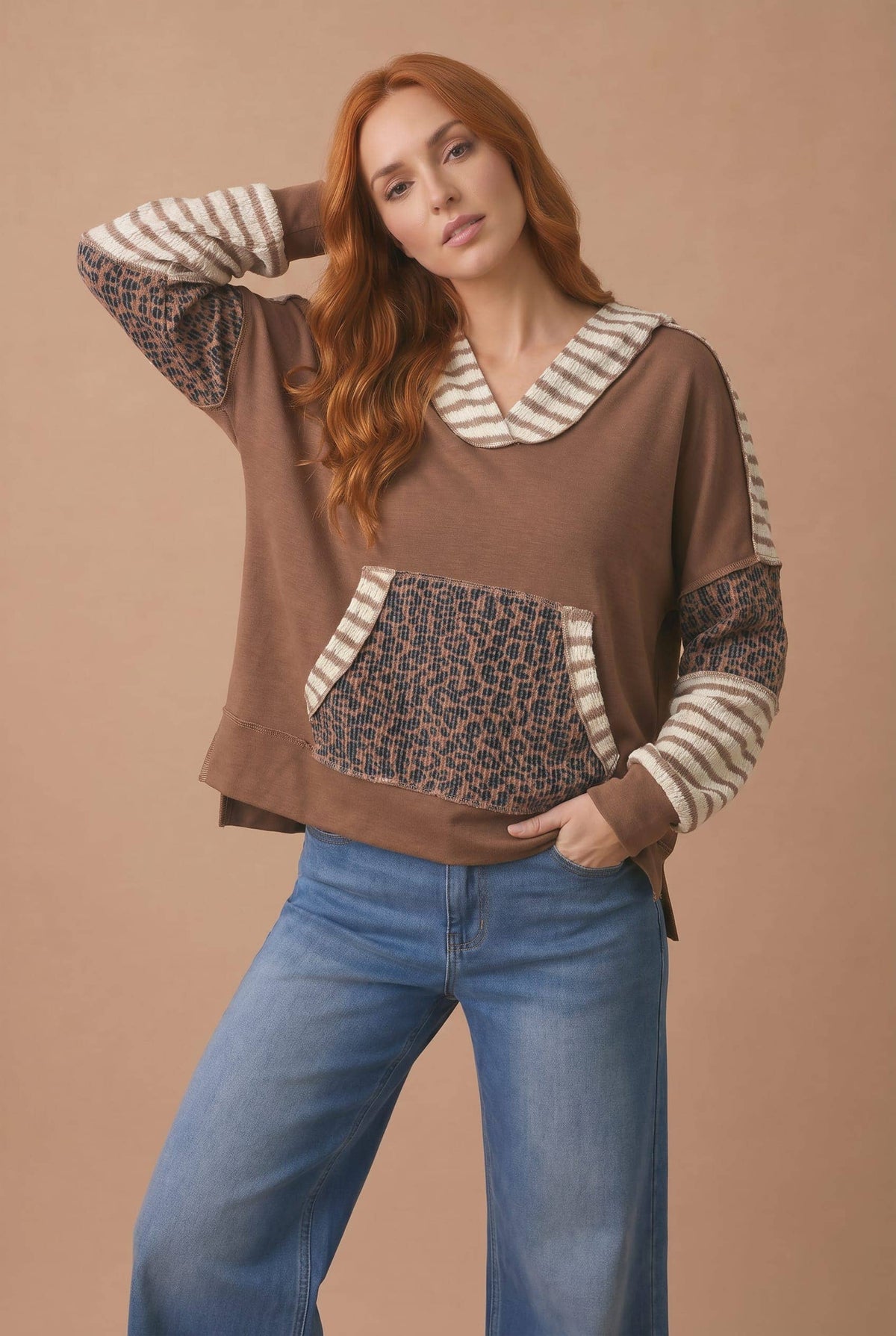 Leopard Mixed Kangaroo Pocket Pullover Hoodie