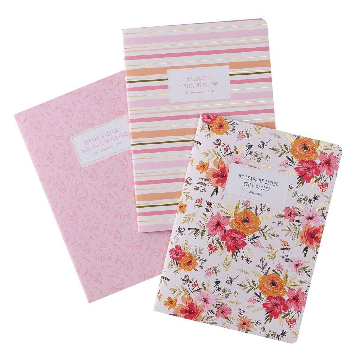 He Leads Me Notebook Set – Pink Floral Christian Journals (3-Pack)