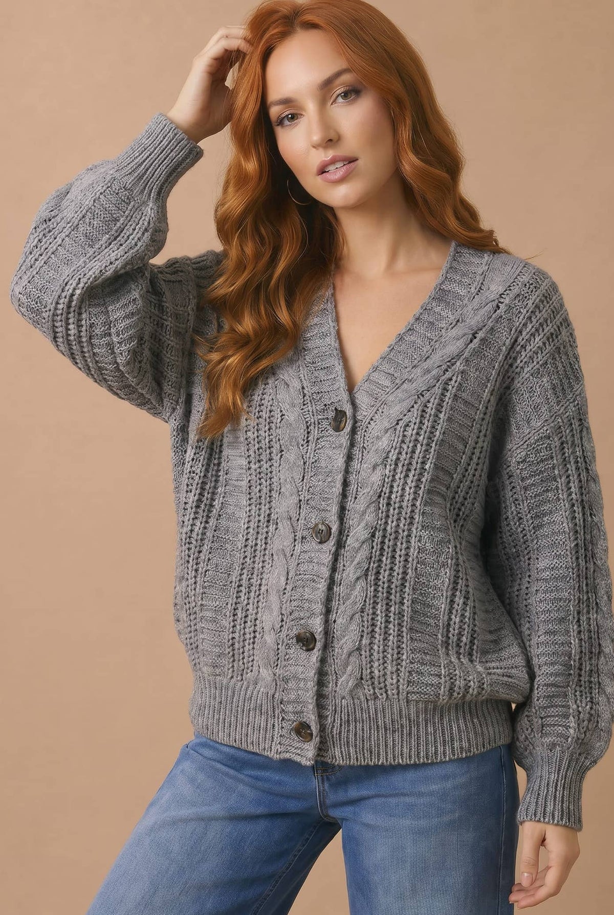 Two-Tone Chunky Cable Knit Button-Down Cardigan