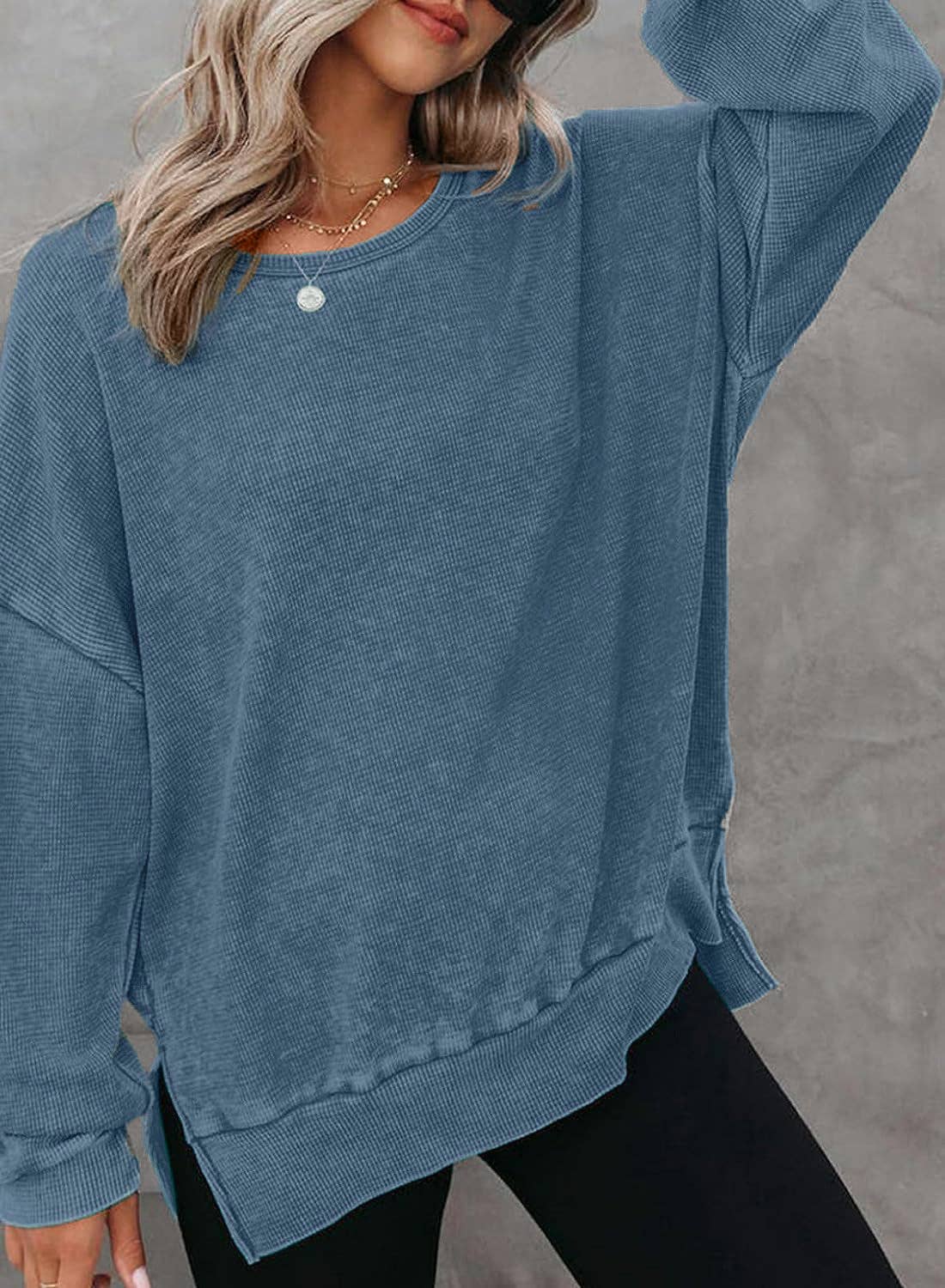 Solid Waffle Top Casual Oversized Drop Shoulder Pullover