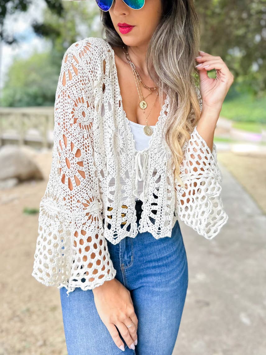 Ivory Floral Open Front Long Sleeve Crochet Cardigan