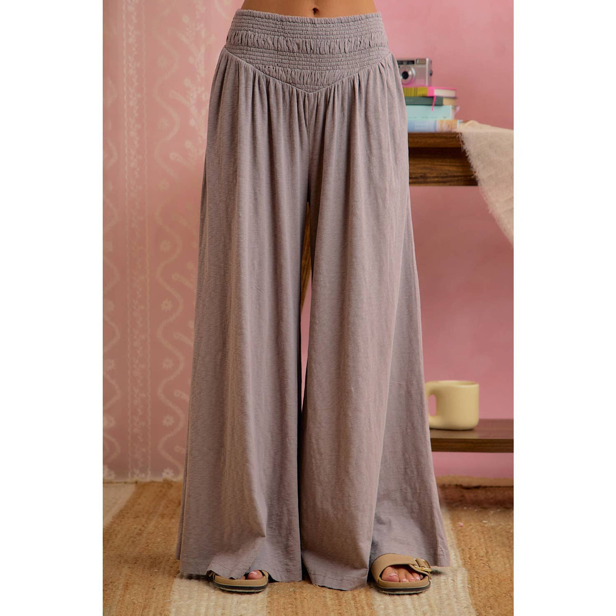 Mocha Smocked Waist Wide Leg Pants – Flowy & Relaxed Fit